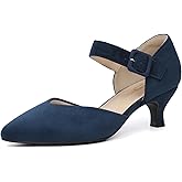 RIBONGZ Comfortable Kitten Heels for Women Pointed Closed Toe Ankle Strap Buckle Heels Slip on Low Heel Church Pumps Wedding Bridal Party Dressy Shoes