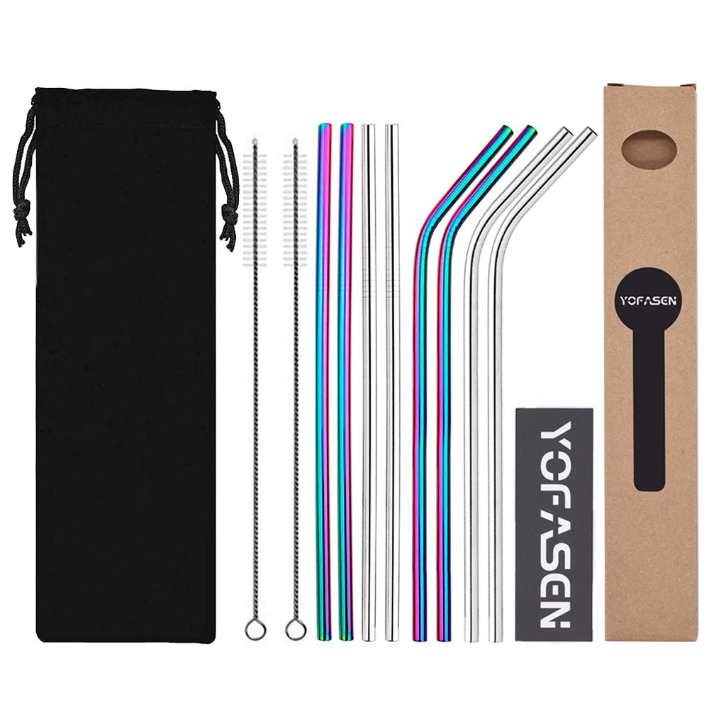 YOFASEN Reusable Straws Set - Metal Straws Multicolor Stainless Steel Straws 8.5 inch Drinking Straws for Cocktails Smoothies Hot Drinks, Style 1 - Set of 8