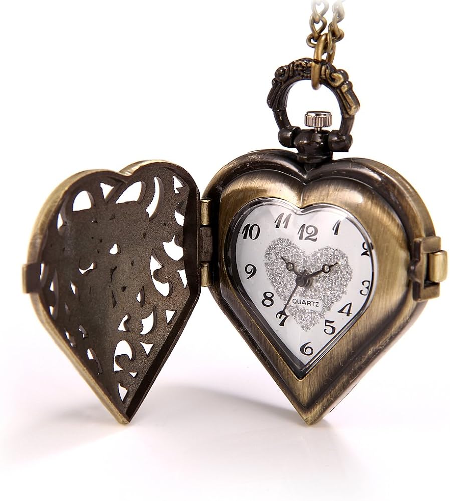 JewelryWe Vintage Heart Locket Style Steampunk Pocket Watch Pendant Long Necklace 31.5 Inch Chain (with Gift Bag) - Image 3