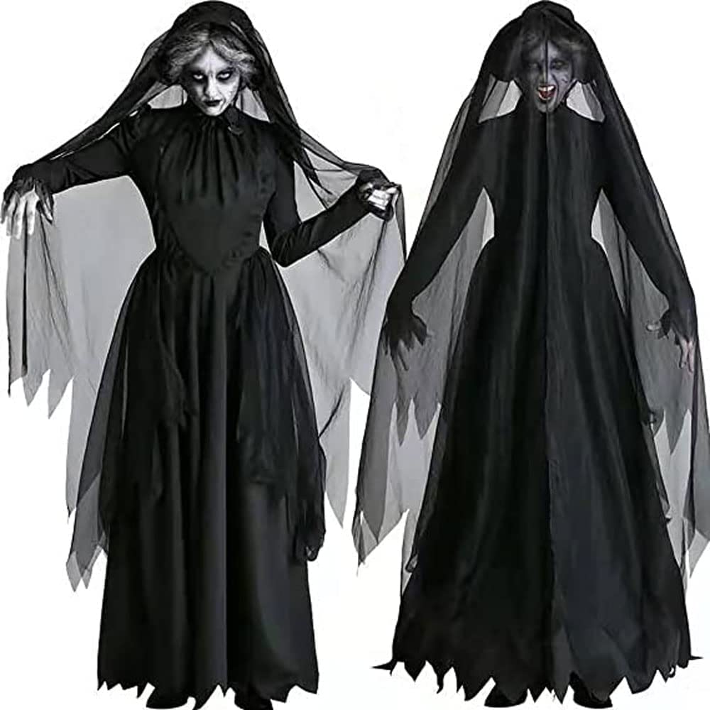 ITODA Halloween Ghost Bride Costume Full Length Corpse Bride Dress Black Gothic Vampire Outfit Zombie Wedding Dress Wicked Witch Cloak Halloween Haunted Ghost Fancy Cape