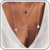 Erimberate Bohemian Layered Cross Pendant Necklace Black Heart Necklace Chain Love Heart Choker Necklace Silver Religion Necklace Chain Jewelry for Women