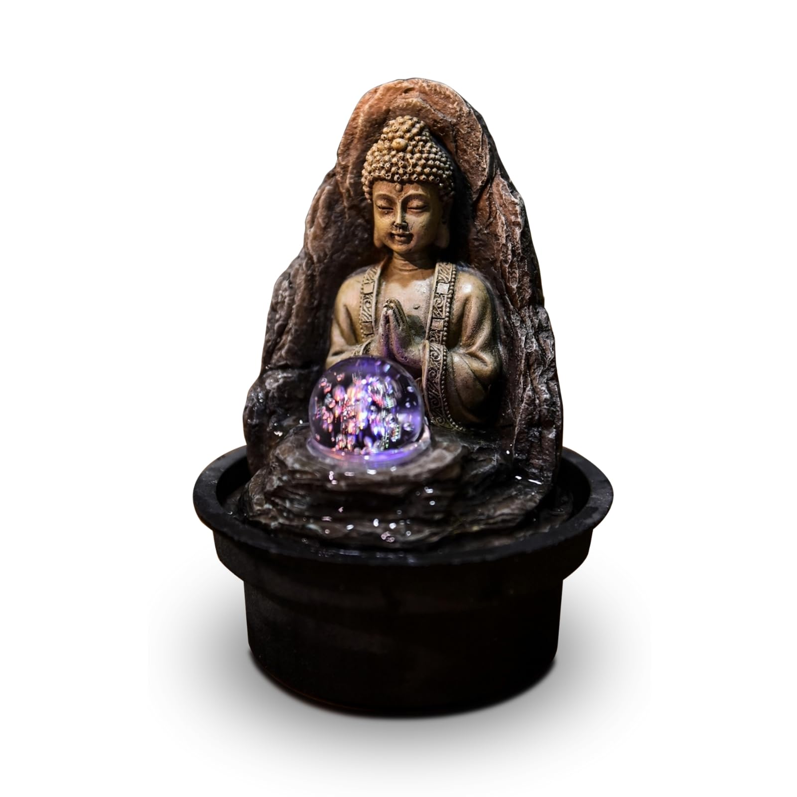 Peace Fountain – Relaxing Zen Buddha Indoor Fountain with LED Light – Zen Home Decoration Gift – Table Fountain – Closed Circuit – Beige and Brown – H 18 cm – Zen'Light