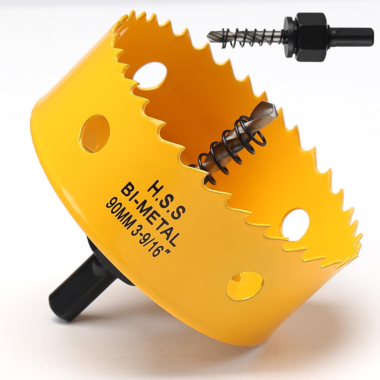 90mm Hole Saw, HSS Bi-Metal Hole Cutter with Drill Bit for Wood, Plastic, PVC, Fiberglass and Plasterboard, Yellow