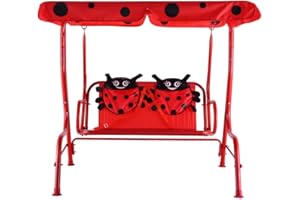 ReunionG Kids Porch Swing, 2 Seats Children Swing Chair w/Safety Belt & Adjustable Hammock Canopy, Kids Patio Swing Bench for Outdoor