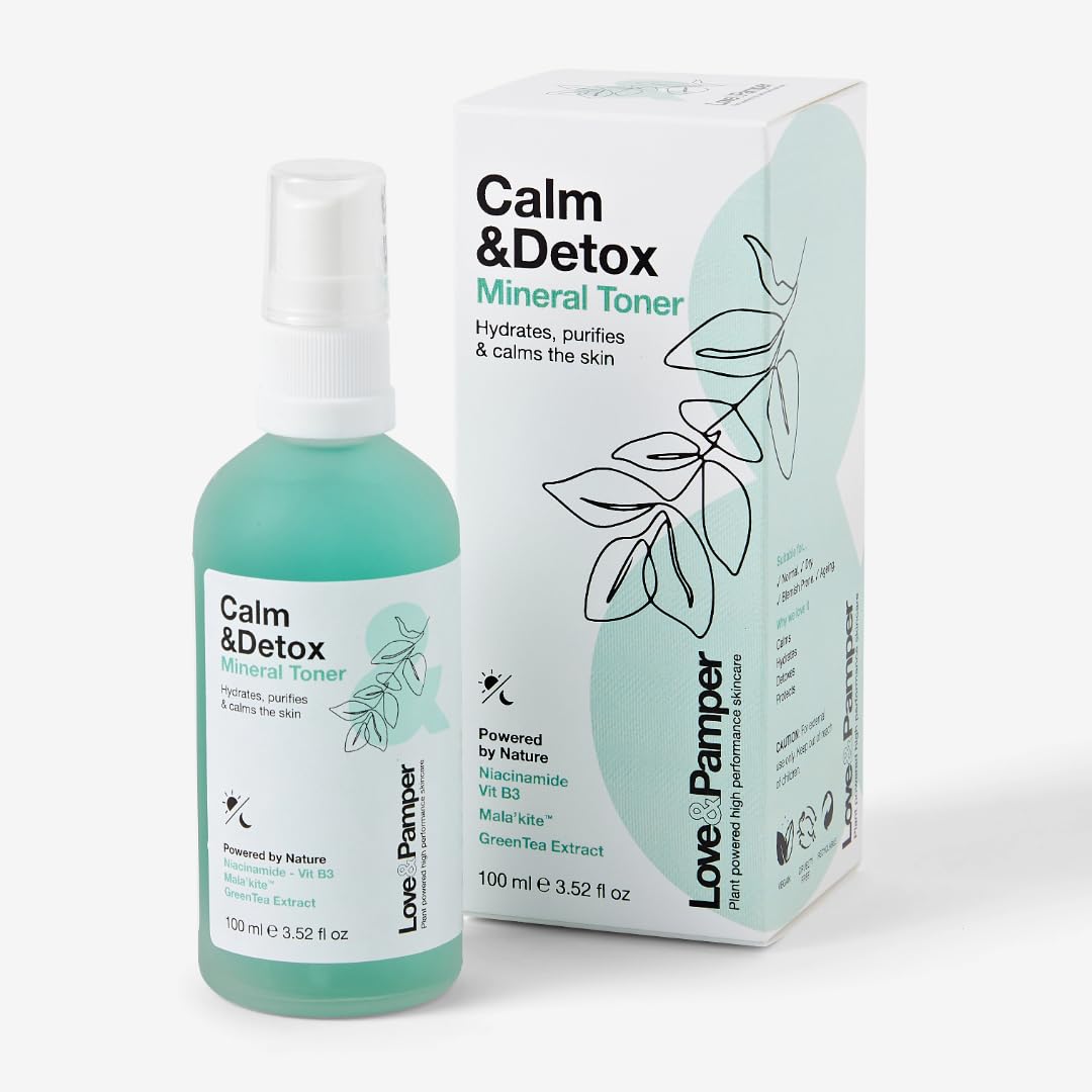 Love & Pamper CALM & DETOX Mineral Toner - Enhanced with Vitamin B3 & Green Tea Extract for Soothing,Brightening, & Clarifying Skin Care, Restores Skin's Protective Barrier,Alcohol Free,All Skin Types