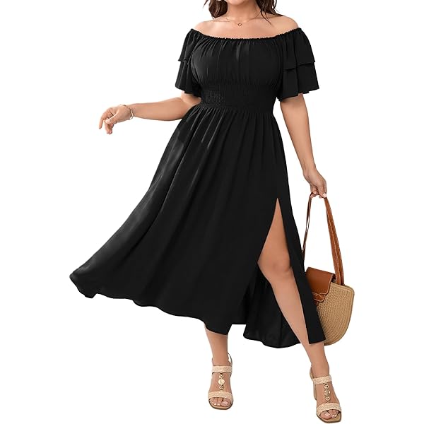 plus size maxi dress with high slits on both sides Long Sleeve High Slit Black Plus Size Maxi Dress main image 0