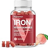 Vegan Iron Gummies Supplement - with Vitamin C, A, B-Complex, Folate, Zinc for Adults & Kids - Health Blood & Energy Support for Iron Deficiency, Anemia, No After Taste - Peach Flavor (90 Ct)