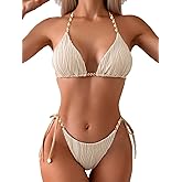 BYINDED Women's Ribbed Two Piece Adjustable Triangle Beads Shoulder Strap Bikini Set Sexy Bathing Swimsuits