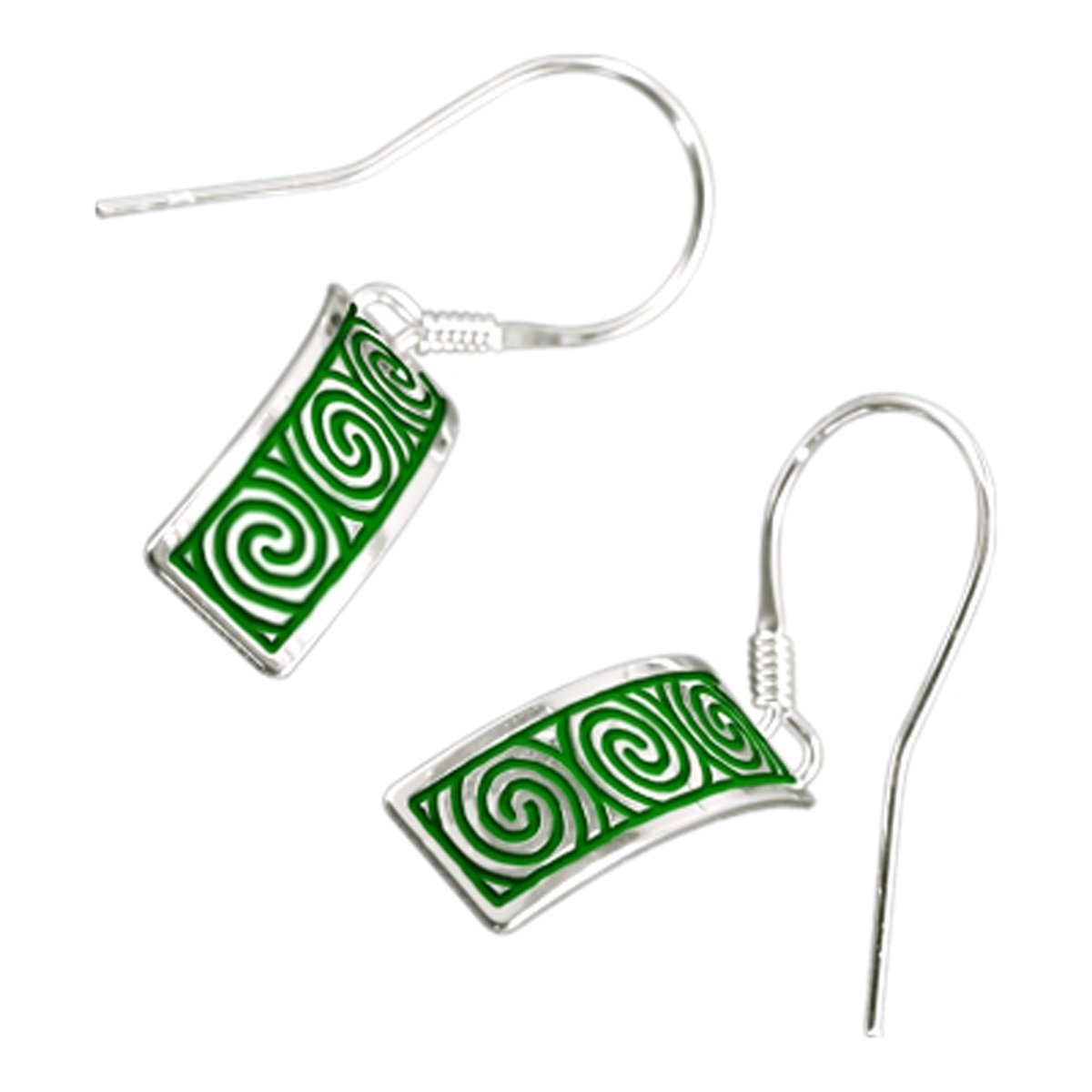 GWG Jewellery Earrings 925 Sterling Silver Rectangular Celtic Newgrange Spirals in Green Enamel in Gift Box for Women