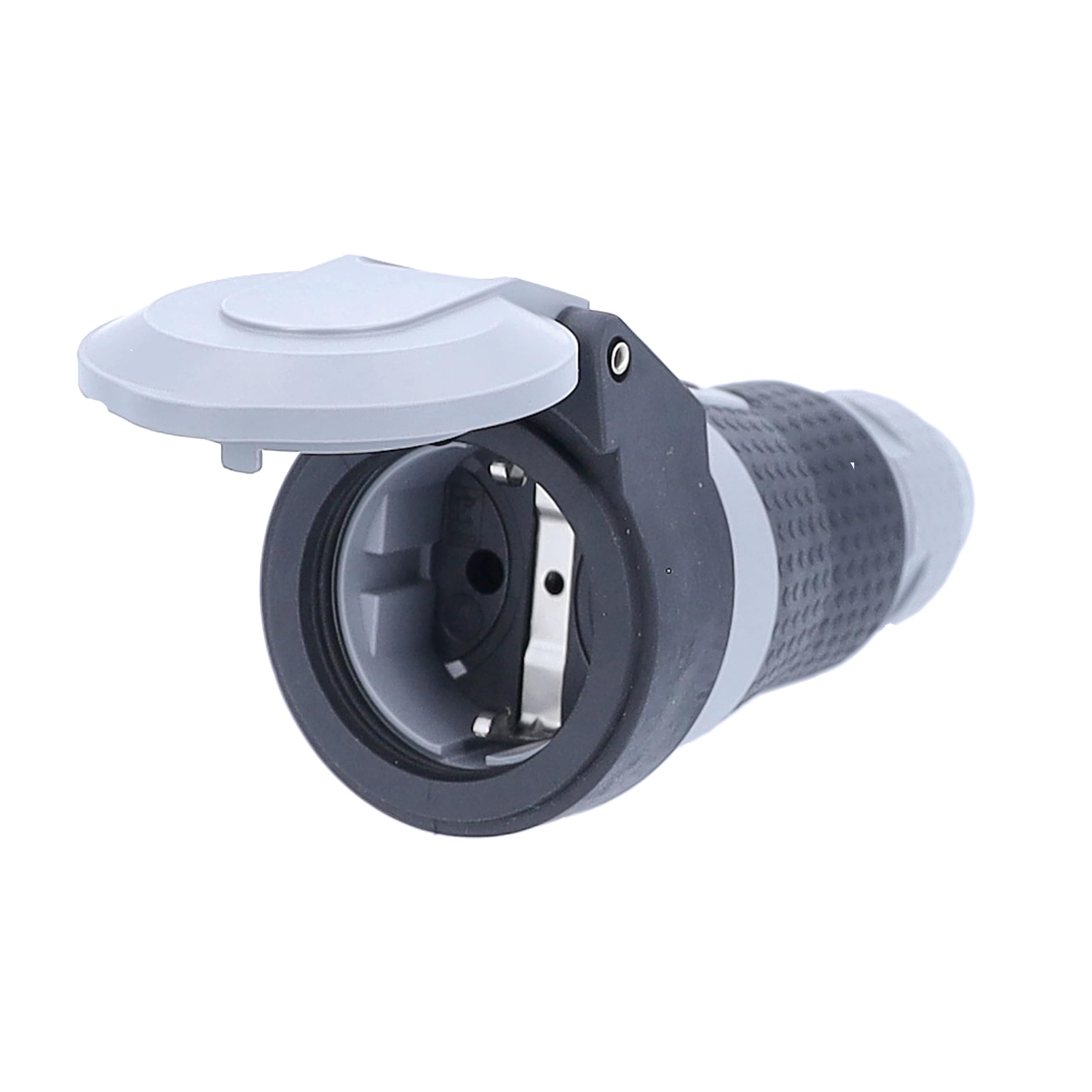 as - Schwabe Schukoultra 62242 Pro Coupling, Extremely Robust, Grippy, Hinged Lid and Voltage Display, for Construction Sites Max. 3 x 2.5 mm², 230 V, 16 A, Grey/Black, IP54