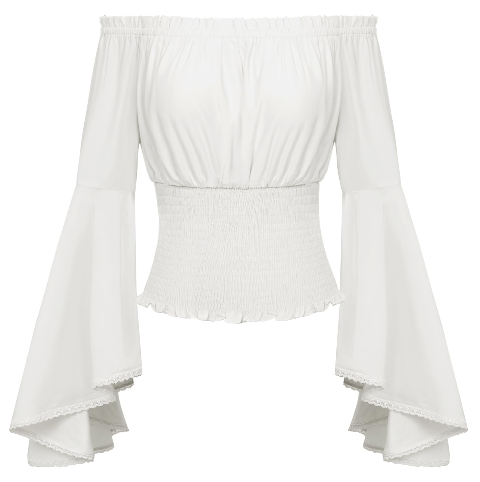 SCARLET DARKNESS Ladies Off the Shoulder Pirate Tops for Women Medieval Gothic Corset Blouse Bell Long Sleeve Smocked White Renaissance Tops M