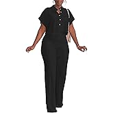 HBQ Women's Summer 2 Piece Outfits Casual Tracksuit Short Sleeve Button Down Crop Top Wide Leg Long Pant Lounge Sets