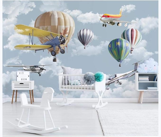 Papel Tapiz 3D Minimalista Nórdico Original Pintado A Mano Avión Globo