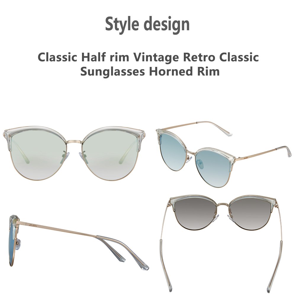 JOJEN Semi Rimless Cateye Polarized Sunglasses for Women Metal&TR90 Frame JE015(Transparent Frame Blue Lens)