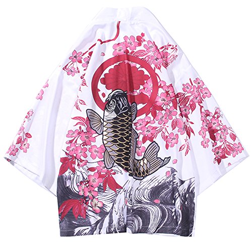 LifeHe Men's Kimono Japanese Floral Printed Kimono Cardigan Jackets Streetwear (White, M)