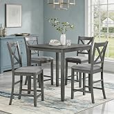 LUMISOL 5-Piece Solid Wood Table Set for 4, Farmhouse Counter Height Kitchen Dining Table Set with 4 Upholstered Chairs for Kitchen, Dining Room, Home Bar, Grey