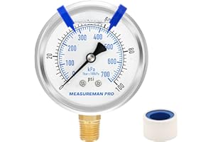 MEASUREMAN PRO 2.5'' Glycerin Filled Pressure Gauge, 0-100psi/kpa, 304 Stainless Steel Case, 1/4" NPT Lower Mount,for Water Pump, Pneumatic Air, Well Tank, RV Hose, Gas Test