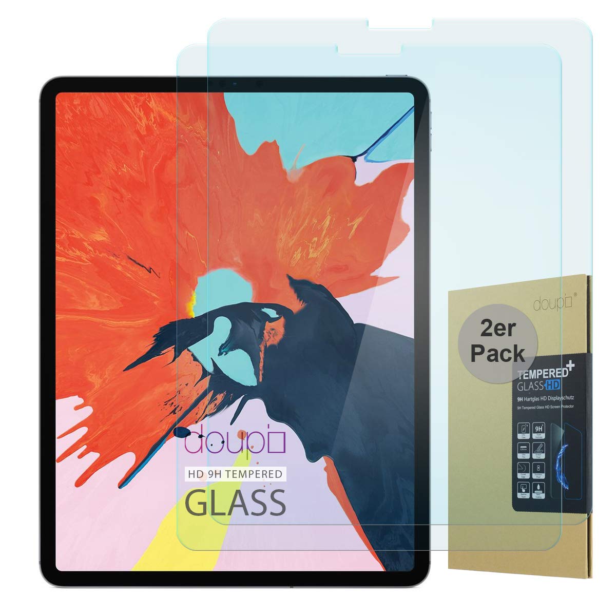 doupi 2X Screen Protector compatible for iPad Pro 12,9 inch 2018/2020, Premium 9H HD Anti Scratch Tempered Glass