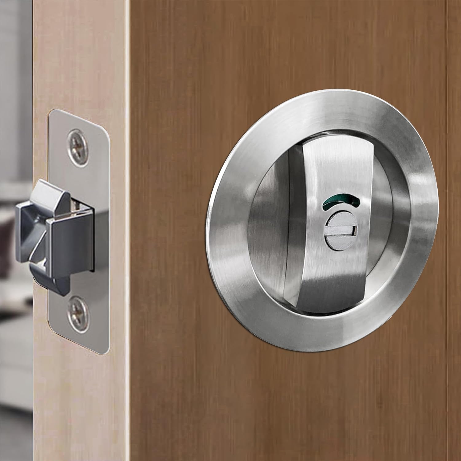 SANGRENSHEN Sliding Door Lock Pocket Door Indicator Lock Flush Handles Latch Privacy Bed/Bath Latch for 3cm to 5cm Thickness Door Silver — image 1