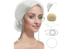 Cupohus Old Lady Costume Set Grandma Wig Granny Wig Cap Madea Granny Glasses Eyeglass Chains Cords Faux Pearl Bead Necklace Old Lady Cosplay Set 5 Pieces (silver white bun)