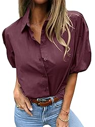 Tankaneo Women's Button Down Shirts Short Puff