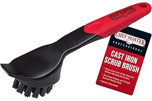 Cast Iron Scrub Brush & Scraper, Dish Scrubber Brush with Heavy Duty Scraper & Superior Nylon Bristles for Cleaning Cast Iron Pan & Skillets, Removes Grime, Grease & Food Build Up by Chef Master 90058