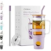 Spreccio Glass Tumbler with Straw and Lid, 32oz Reusable Iced Coffee Tumbler with Handle Purple, Glass Water Bottles Fit in Cup Holder, Smoothie Cup with Lid, Clear Water Bottle with Straw