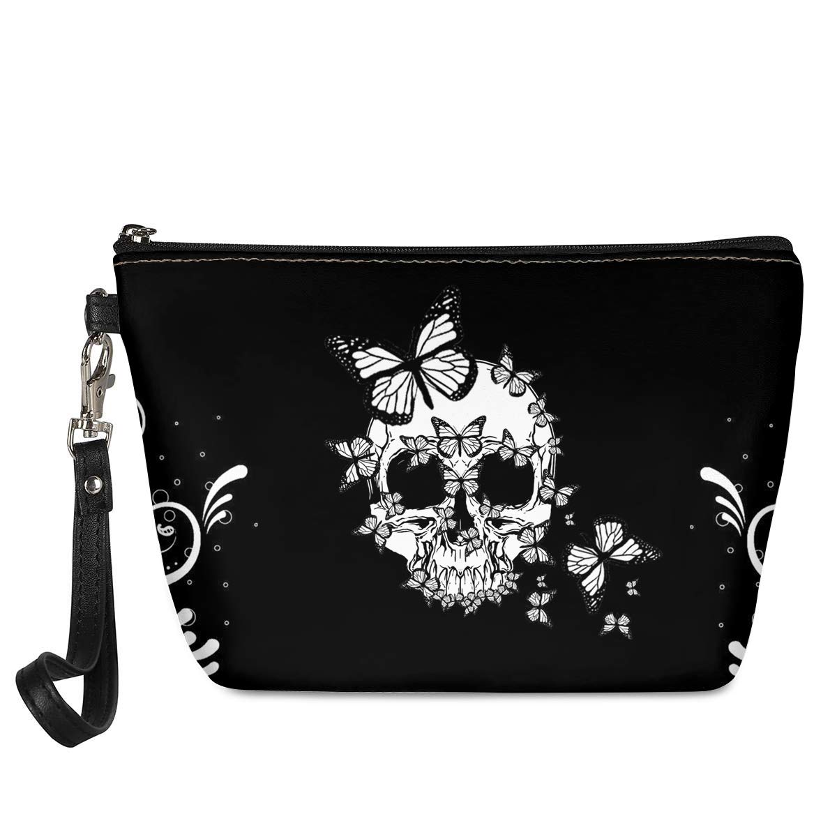 Biyejit Skull Butterfly Print Makeup Bag Women's Multi-use Cosmetic Case Leather Kit Holder