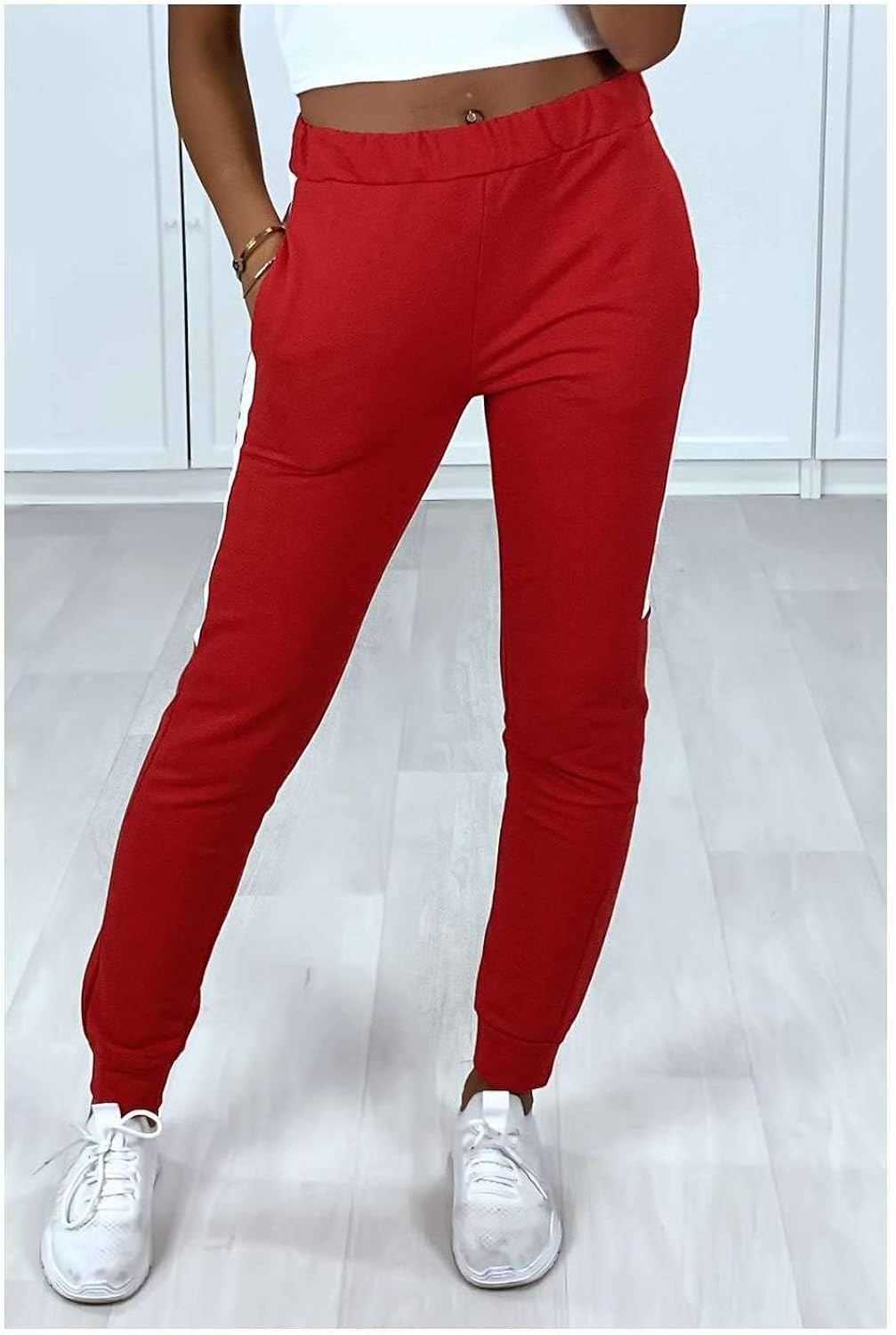 Miss Wear Line Red Jogging Bottoms with Pockets and White Stripes in