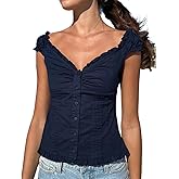Women Y2K Cap Sleeve Tops Deep V Neck Solid Color Slim Fit Button Ruffle Low Cut Going Out Crop Tops Streetwear