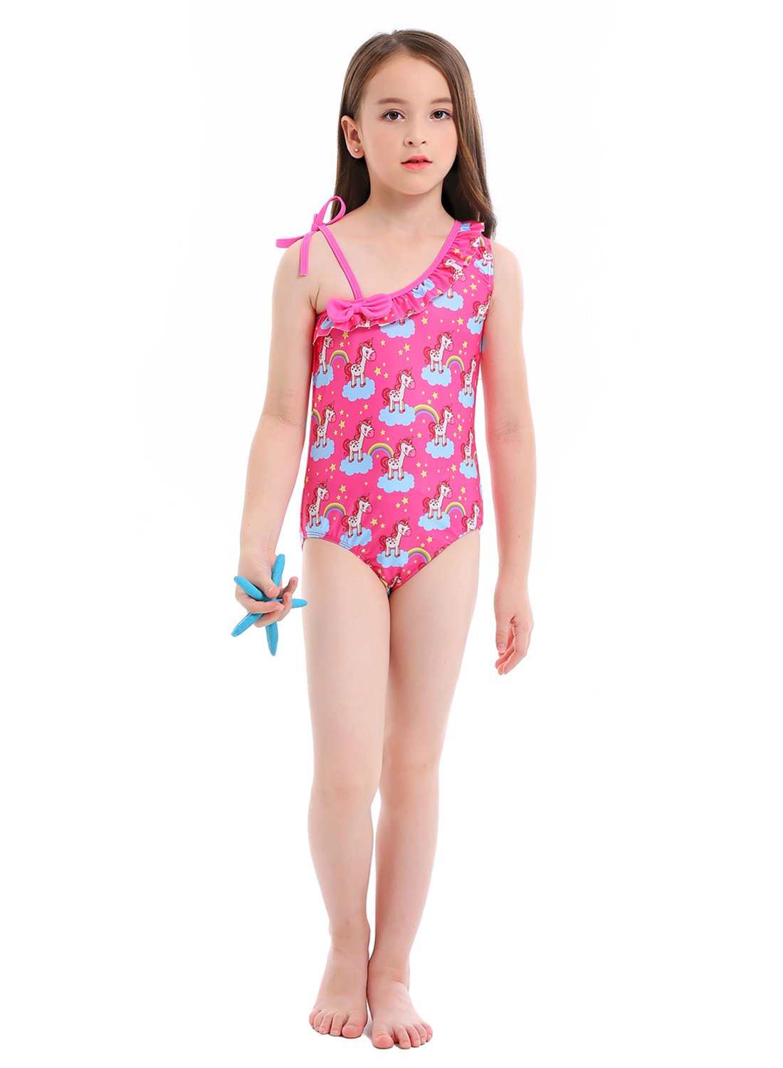 BhzHJ Toddler Girls One Piece Unicorn Swimsuits One Shoulder Adjustable Ruffle Swimwear Bathing Suits