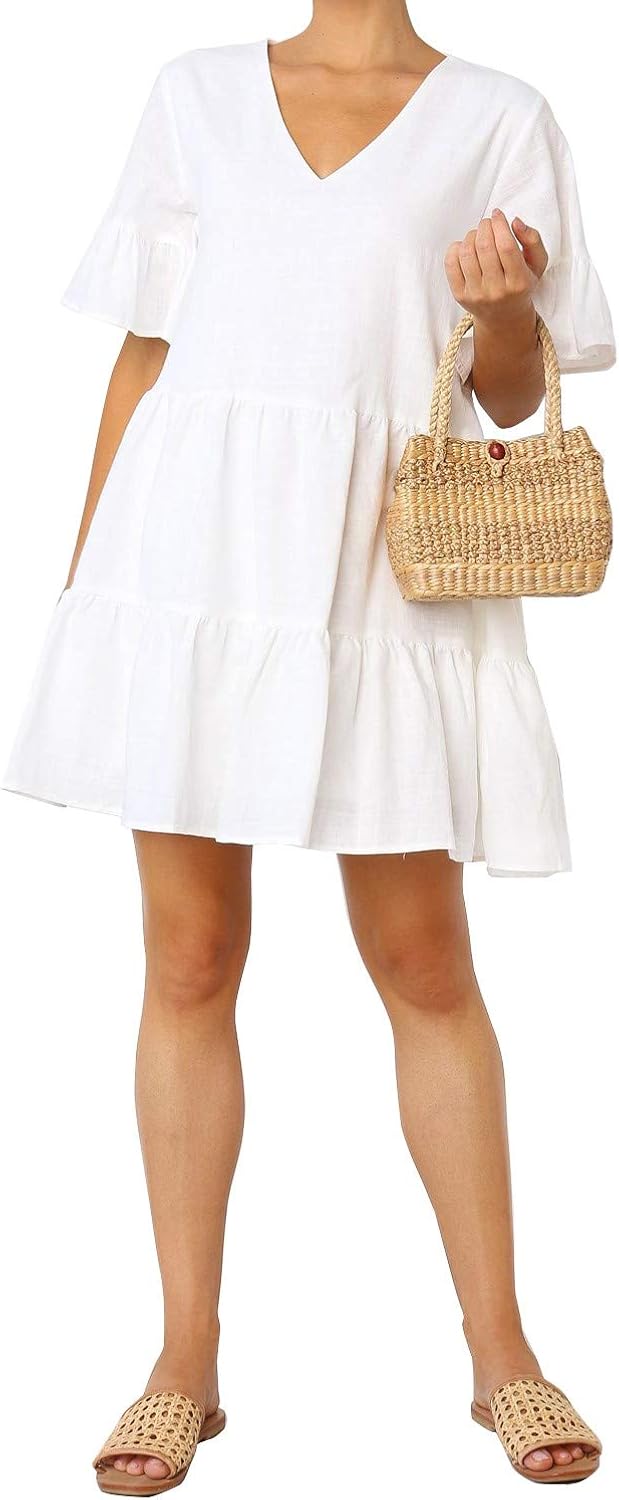 FANCYINN Women’s Cute Shift Dress with Pockets Fully Lined Bell Sleeve Ruffle Hem V Neck Loose Swing Tunic Mini Dress at  Women’s Clothing store