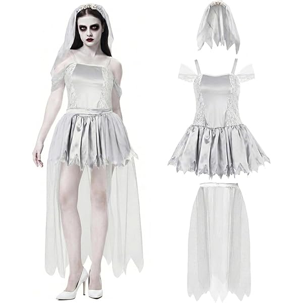 Amazon.com: PUIWNON Women Ghost Bride Costume White Lace Off Shoulder Dress  with Veil Lace Gloves Halloween Cosplay Party (White, Medium) : Clothing,  Shoes & Jewelry