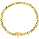Tyebiva Initial Gold Beaded Heart Stack Bracelets for Women, Dainty Boho Handmade Stackable Stretch Fashion Jewelry Gift.