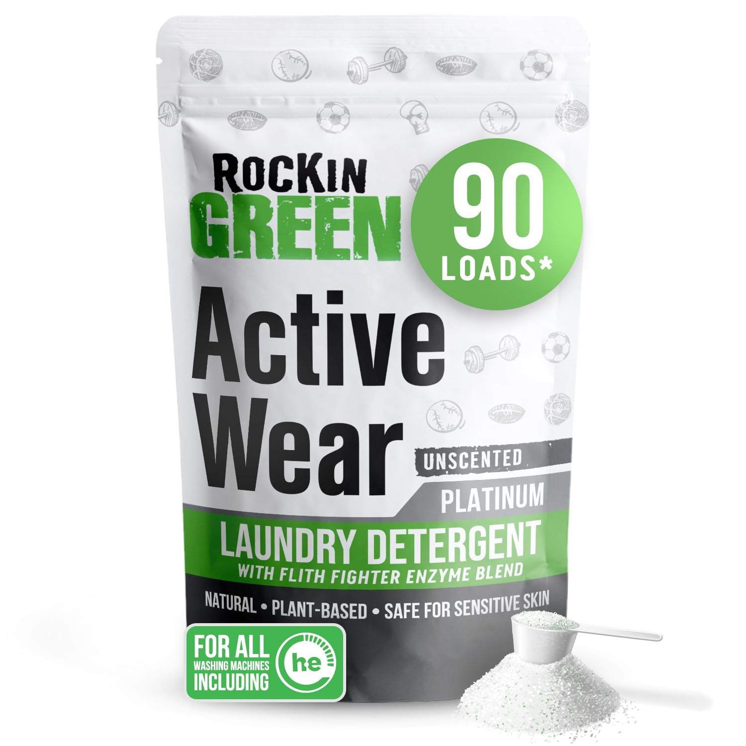 Photo 1 of Rockin' Green Laundry Detergent, Plant based, All Natural Laundry Detergent Powder, Vegan and Biodegradable Odor Fighter, Safe for Sensitive Skin (Active Wear 90 Loads - Unscented)