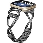 FitTurn for Fitbit Versa 4/Sense 2/Versa 3/Sense Bands for Women Girl Men, Replacement Metal Cow horn + large fork Wristbands Strap with Bling Crystal Diamond Rhinestone Bracelet Bangle for Versa 4/Sense 2/Versa 3/Sense Smart Watch