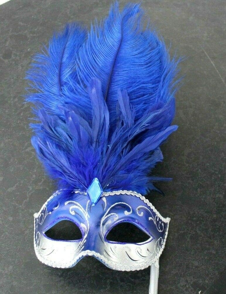 LADIES BLUE & SILVER VENETIAN MASQUERADE HALLOWEEN CARNIVAL PARTY EYE BALL LONG FEATHER MASK ON A STICK, Blue Silver, 8cm Deep - Image 3