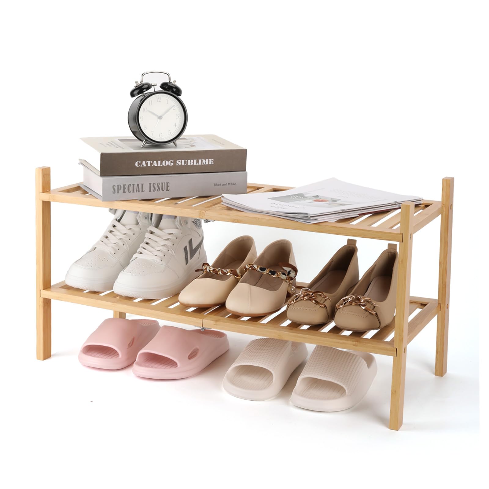 Akloya Bamboo Shoe Rack, Multipurpose 2 Tier Shoe Organizers，Small Shelfs for Shoes, Plants, Books, Living Room, Hallway Bedroom, Bathroom (2 Tier)