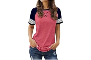 Binmer Women's Color Block Short Sleeve T Shirts Fashion Striped Patchwork Crewneck Tops Casual Loose Fit Workout Summer Tees