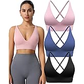 Evercute Women's Sports Bras 3/4 Pack Adjustable Deep V Neck Bras Wireless Spaghetti Strap Criss Cross Padded Low Support Bra