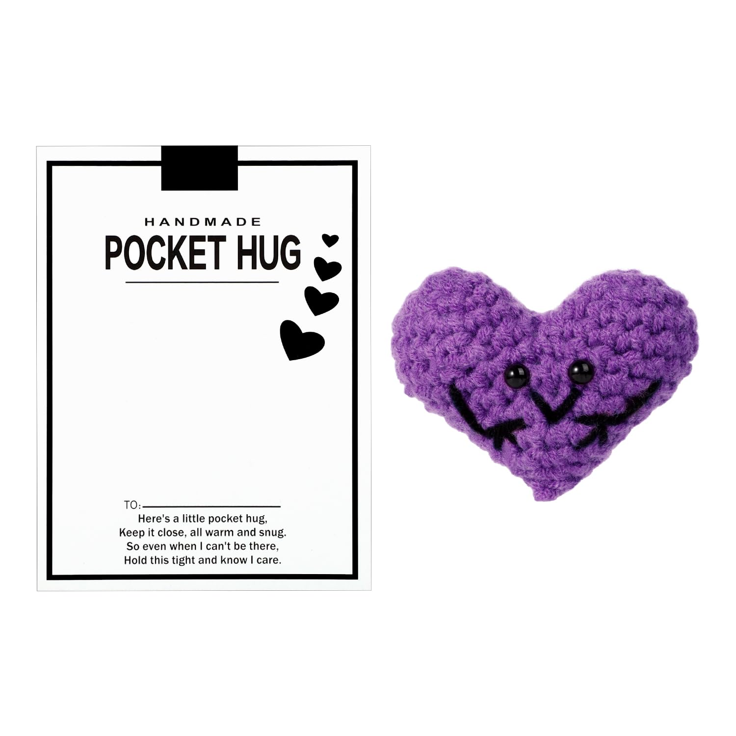 BOXOB Pocket Hug Heart, 3x2 Inch Cute Crochet Heart with Greeting Card Funny Positive Heart Small Knitted Positive Crochet Heart Decoration Encouraging Gift for Friends Family (Purple)
