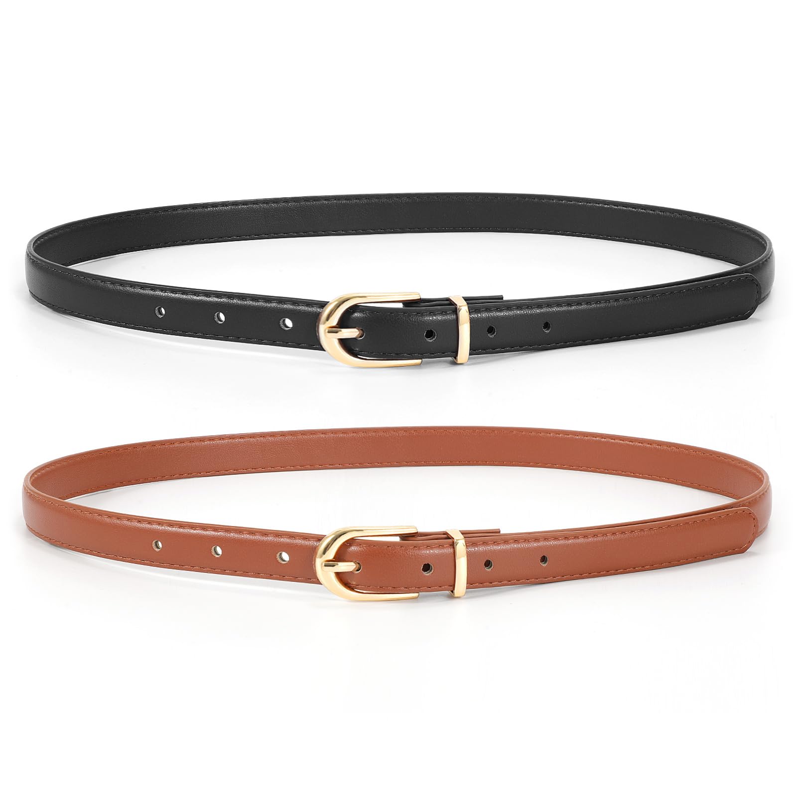 Photo 1 of JASGOOD 2 Pack Womens Skinny Leather Belt Ladies Thin Faux Leather Belt with Gold/Silver Buckle for Jeans Dress Pants, Black+Brown (Gold Buckle), Fit Waist Size 27-31 inch