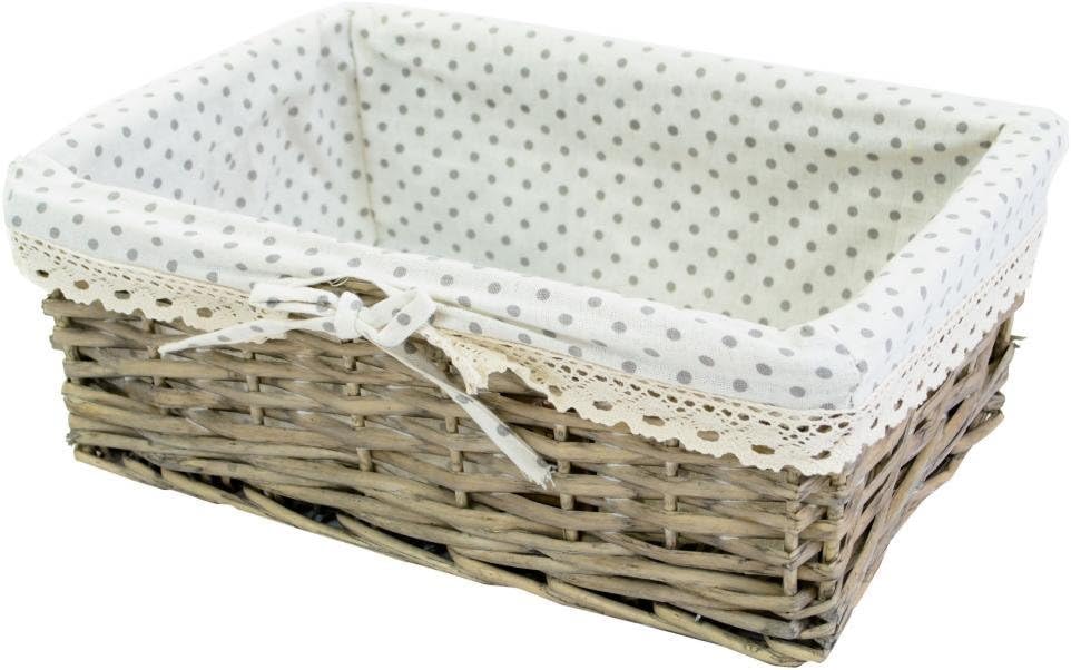 east2eden Willow Wicker Driftwood Shallow Storage Display Basket Box with Grey Polka Dot Lace Liner (Medium)