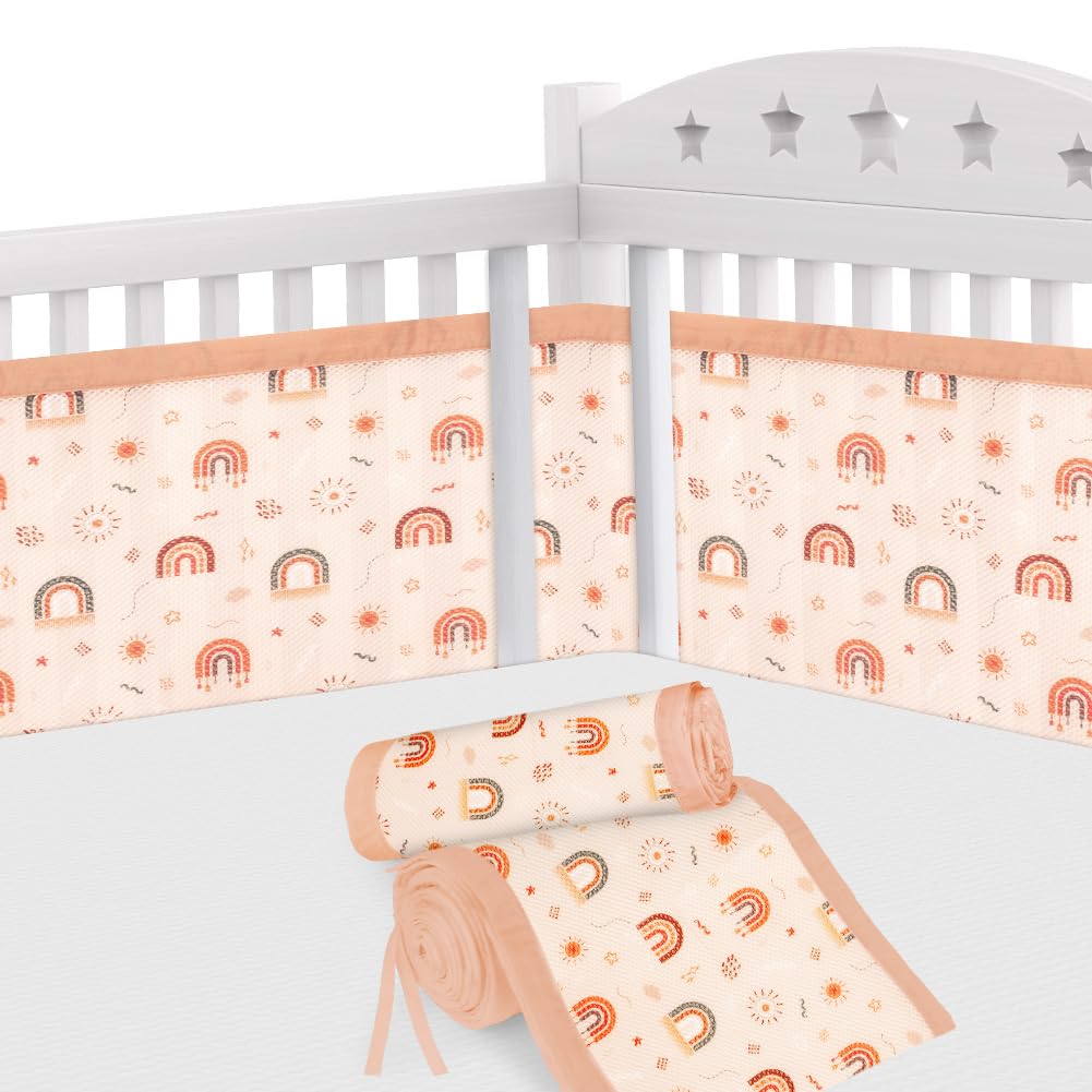 Aolso Cot Bumper, 2Pcs Breathable Mesh Cot Liner, Crib Rail Cover Baby Crib Bumper, Baby Boys Girls Nursery Breathable Crib Bed Liner Bumper (Rainbow