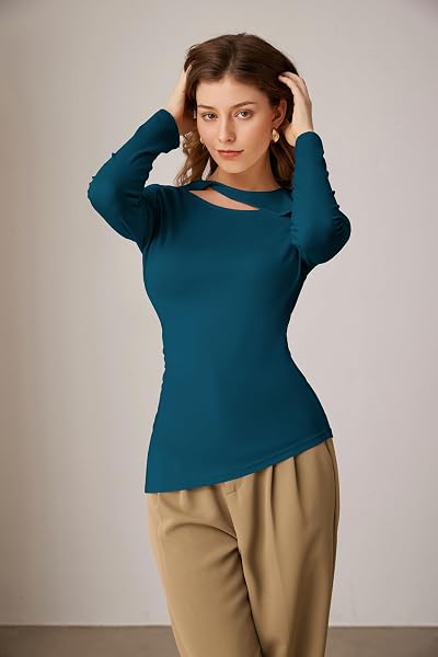 STYLISH WOMENS ROUND NECK CUTOUT PARTY TOPS TWIST FITTED LONG SLEEVE SHIRTS RUCHED SLIT ASYMMETRICAL HEM FALL TUNIC GREEN L