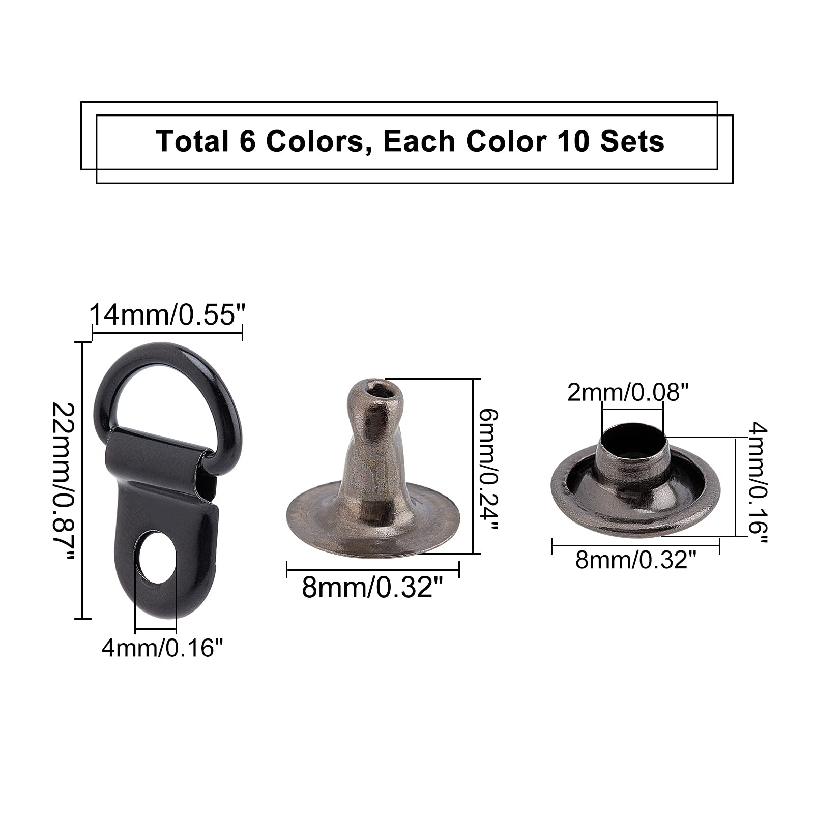 PH PandaHall 60 Sets Shoelace Hook 6 Colors Metal Lace Hooks Mounting Clips Fittings D‑Ring Eyelet Buckles with Rivets for Hiking Boots Repair Leather Boot Shoes