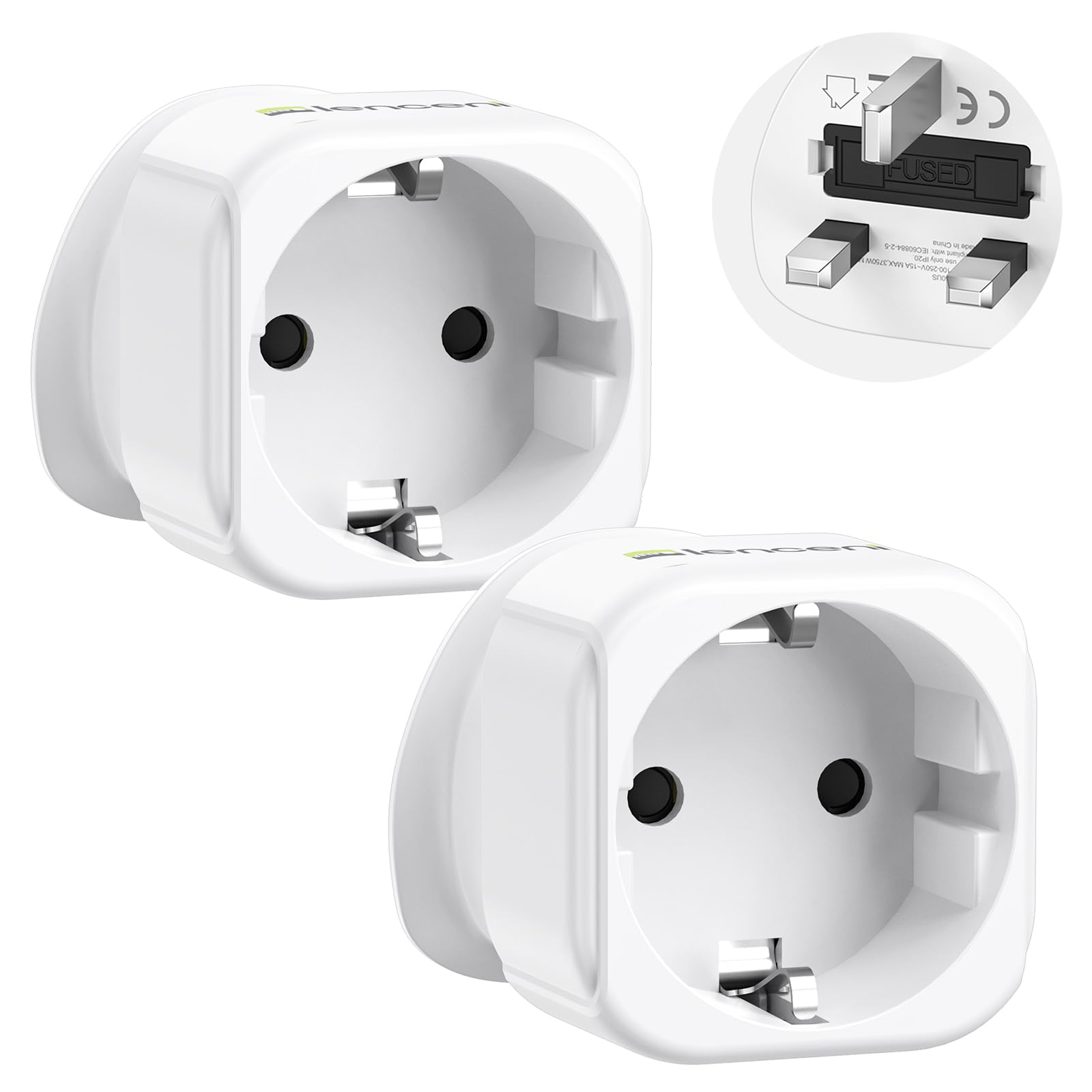 LENCENT 2X EU to UK Plug Adapter, Europe Schuko 2 Pin to 3 Pin UK Travel Adaptor, European Euro to British Adapter- 2 Pack, White