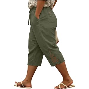 Plus Size Capris for Women Summer Wide Leg Pants High Waist Drawstring Capris Lace Trim Gauze Pants with Pockets