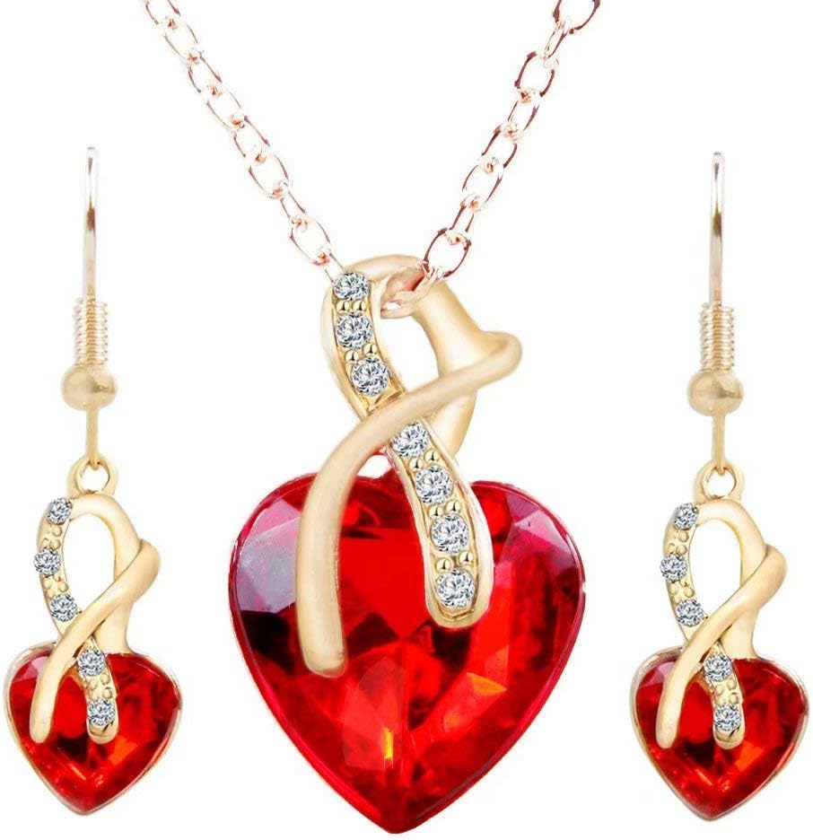 Sterling Golden Amethyst Red Heart Crystal Pendant Necklace & Earrings