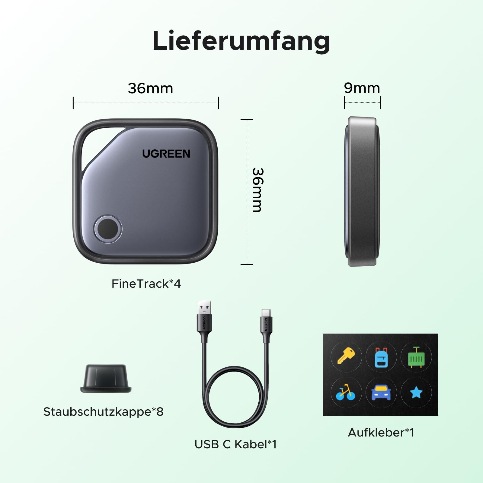 UGREEN FineTrack G 4er Pack mit USB C Aufladung, Bluetooth Tracker kompatibel mit Google Find Hub (nur Android), Schlüsselfinder für Gepäck/Koffer, Smarttag kompatibel mit Pixel 10/Galaxy S25 usw. 8